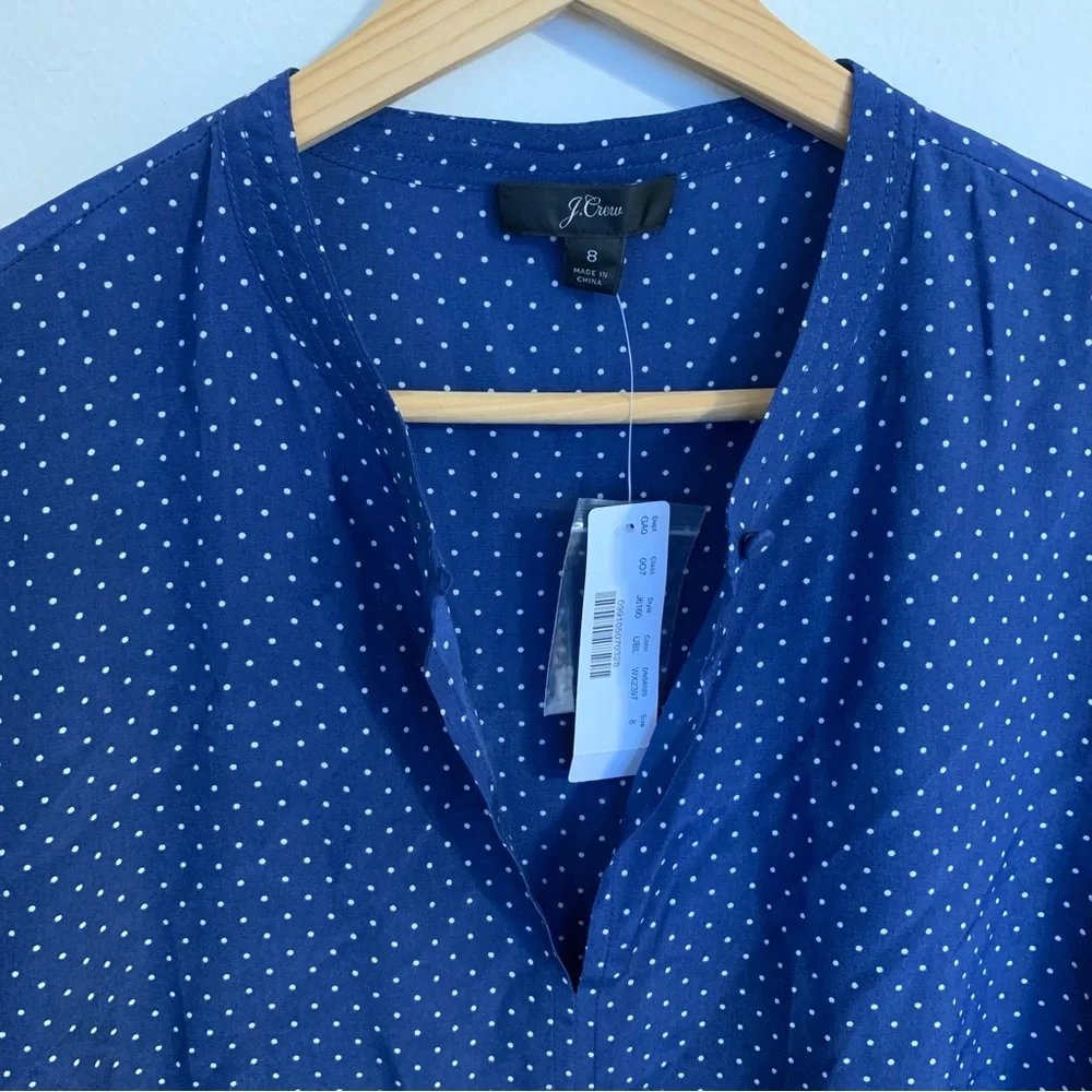 NWT J. Crew 100% Silk Peplum Top in Blue Polka Dot, Size 8